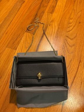 Alexander McQueen Black Continental Leather Wallet on Chain- Gold Skull Clasp